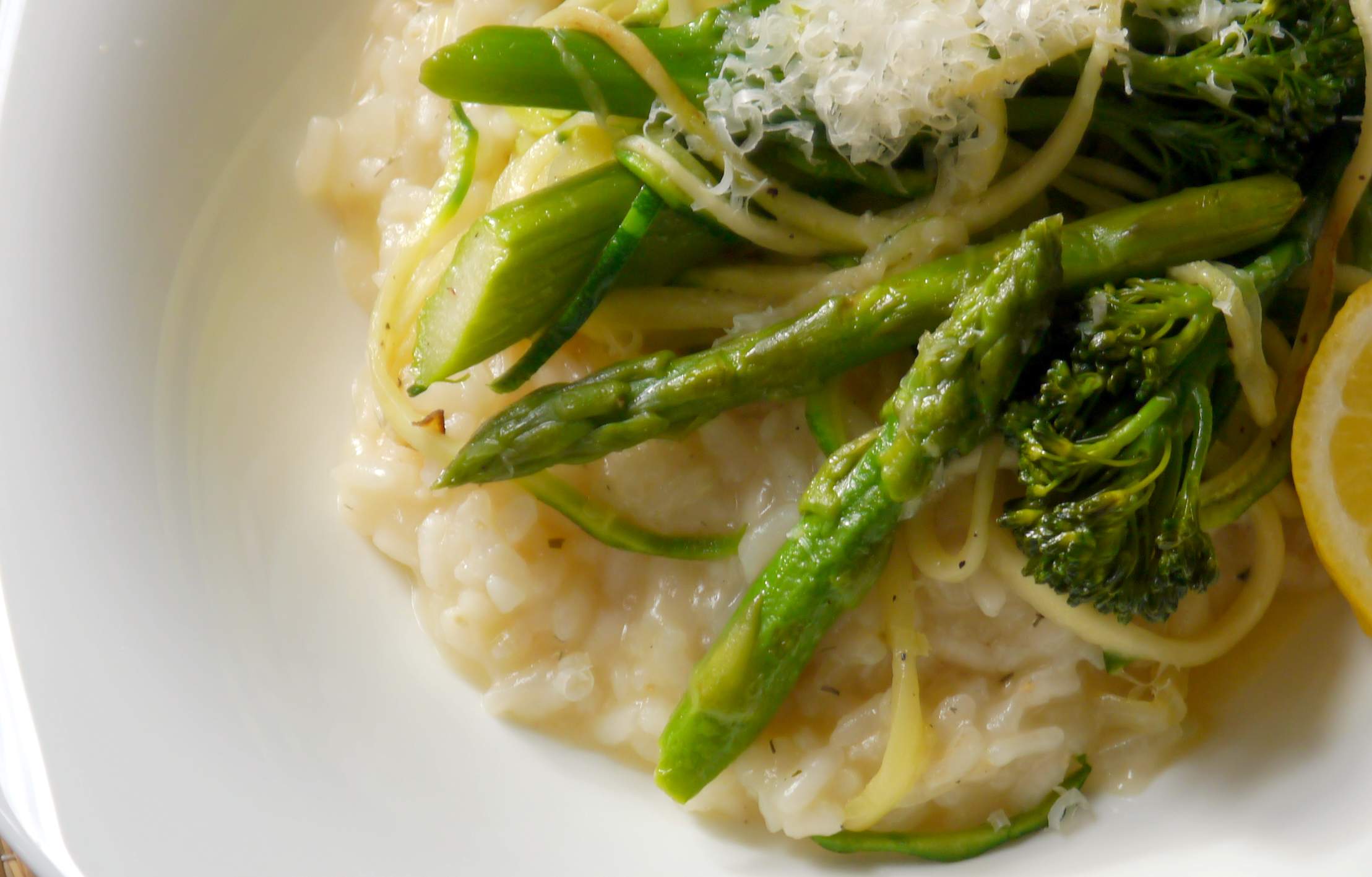 Garlic Risotto with Asparagus, Courgette, Broccoli and toasted Almonds